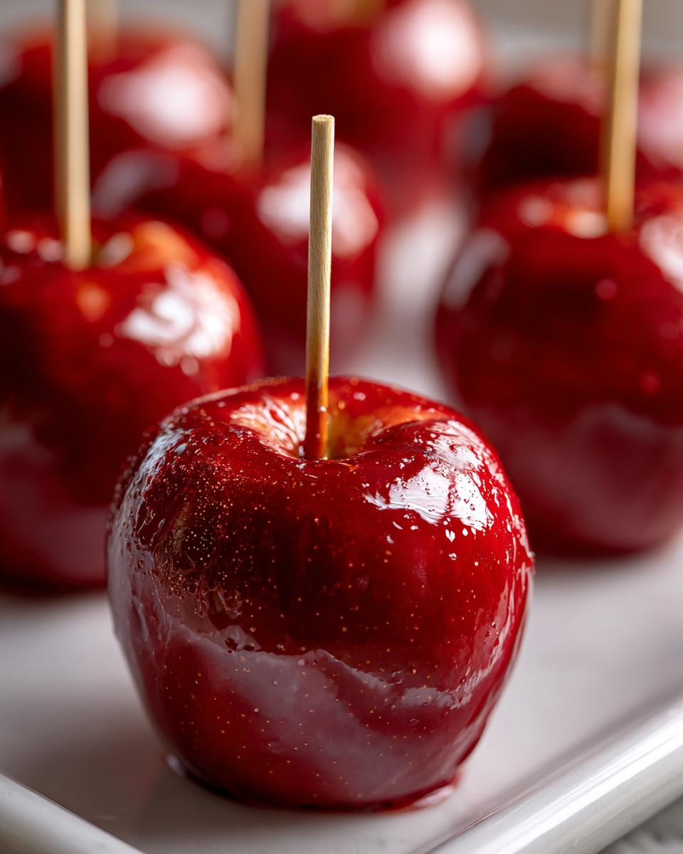 Close-up of a shiny red candy apple on a stick, with more candy apples blurred in the background.