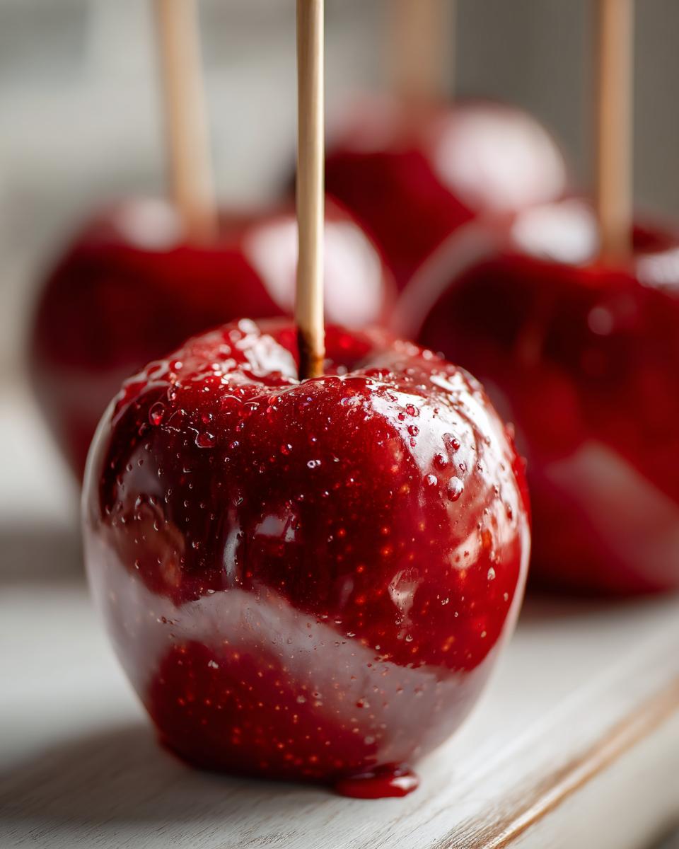 Close-up of a glossy, red candy apple on a stick, with water droplets on the surface. Other candy apples are blurred in the background.