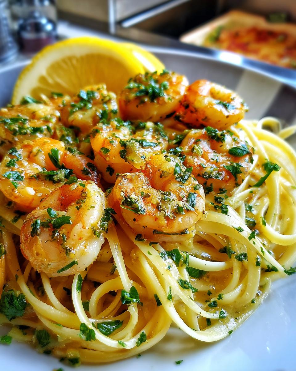 A close-up of succulent shrimp scampi tossed with linguine pasta in a rich garlic butter sauce, garnished with fresh parsley and a lemon wedge.