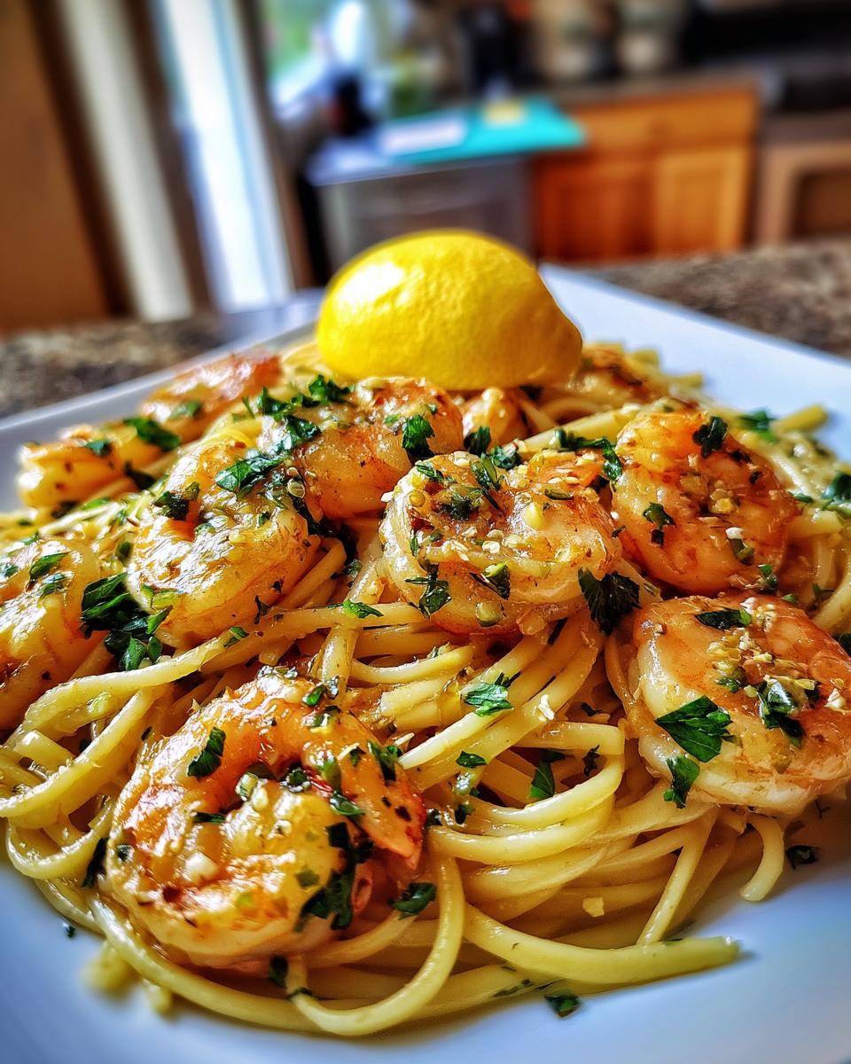 A close-up of shrimp scampi with linguine, garnished with fresh parsley and a lemon wedge.
