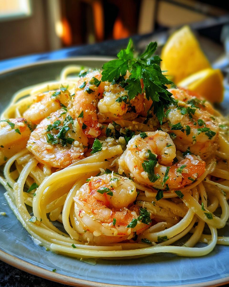 A close-up of shrimp scampi served over linguine pasta, garnished with fresh parsley and lemon wedges.