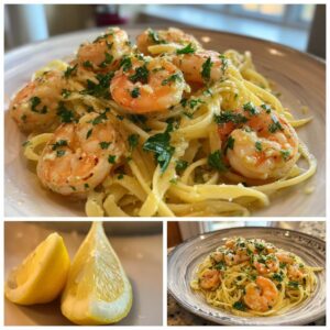 A close-up of a plate of shrimp scampi, featuring linguine pasta tossed in garlic butter sauce with plump shrimp and fresh parsley.