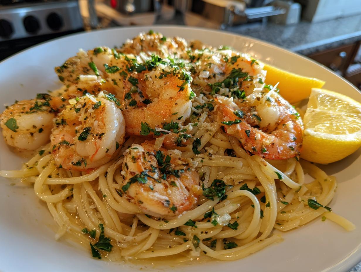 A close-up of perfectly cooked shrimp scampi served over linguine pasta, garnished with fresh parsley and lemon wedges.