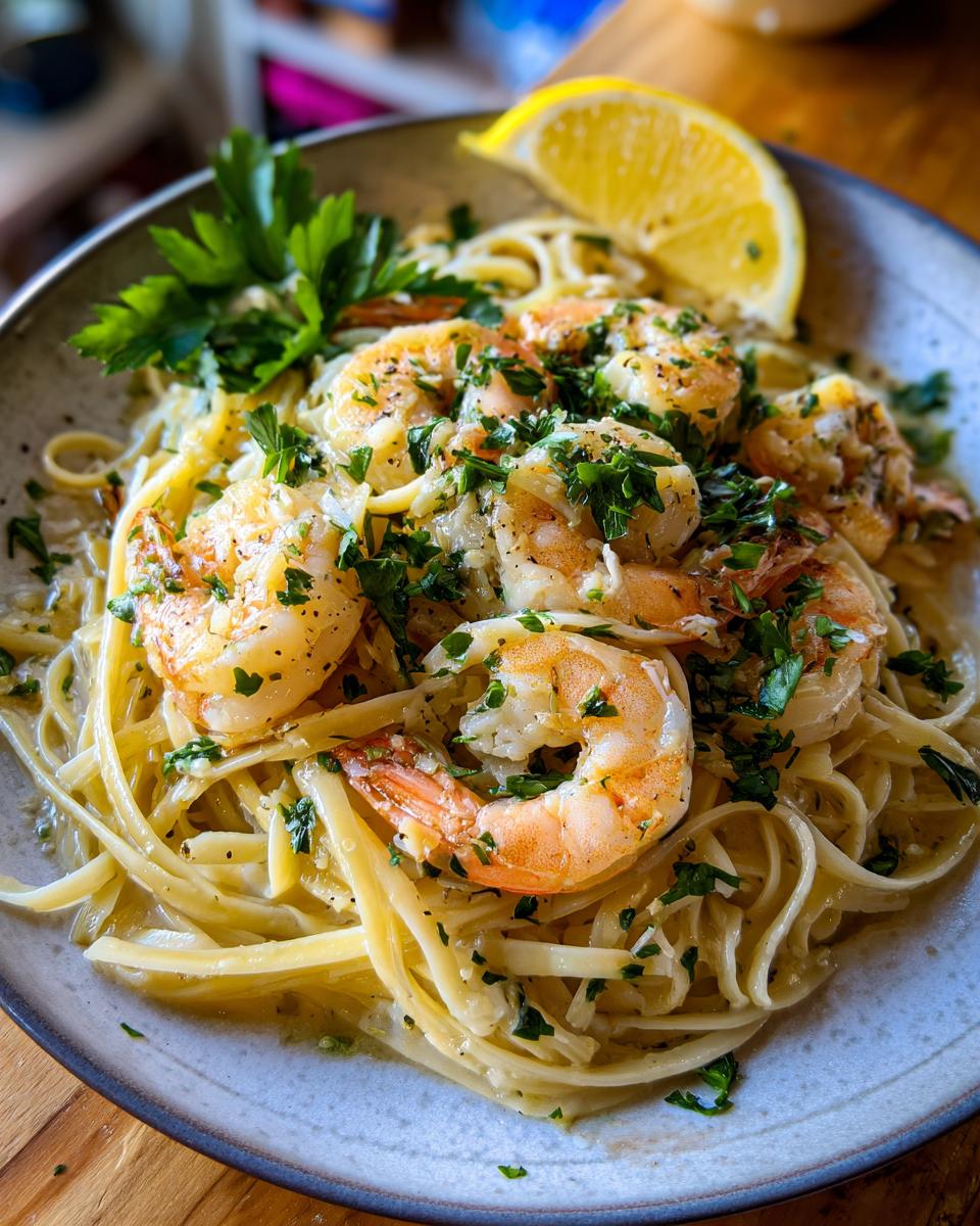 A close-up of delicious shrimp scampi served over linguine pasta, garnished with fresh parsley and a lemon wedge.