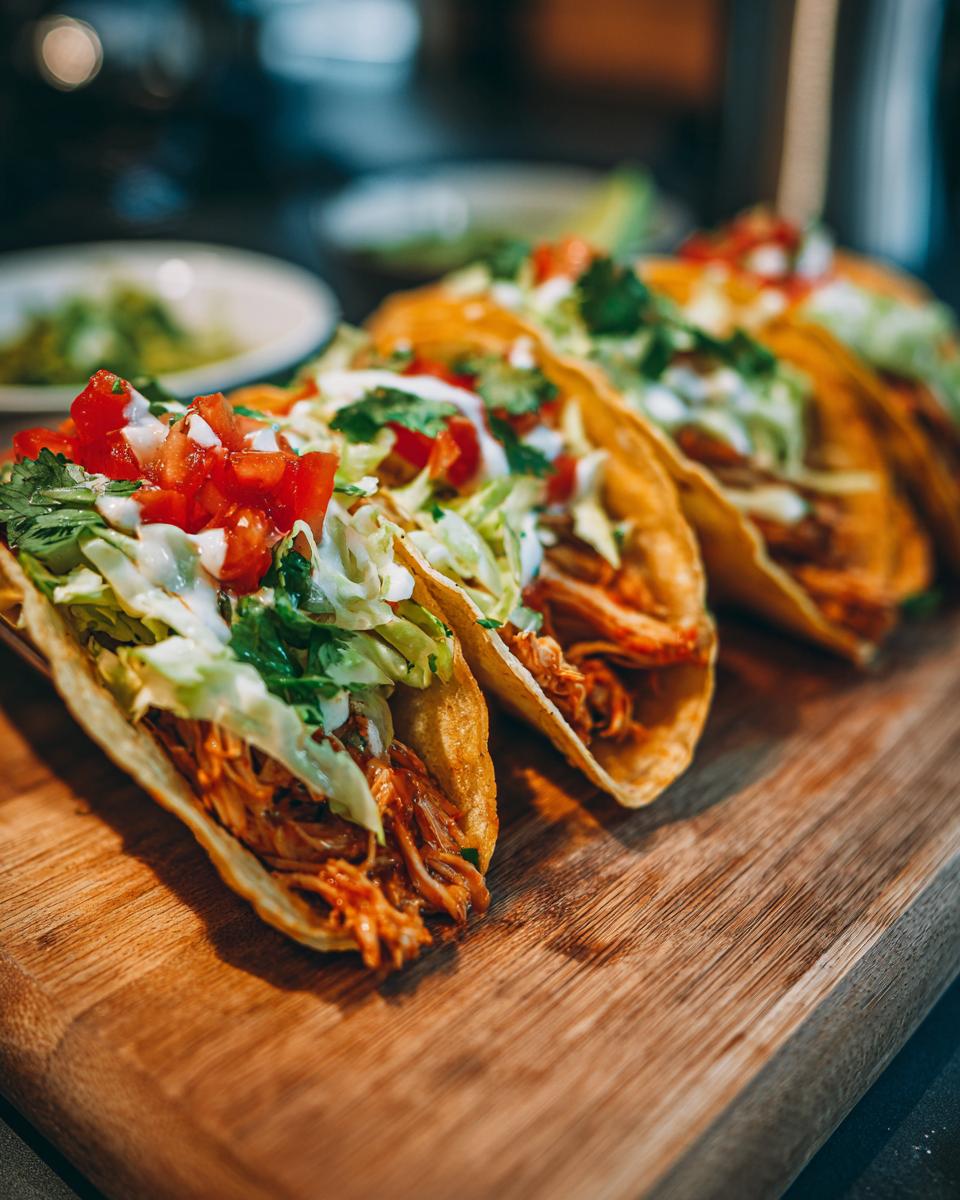 Close-up of three delicious slow cooker chicken tacos filled with shredded chicken, lettuce, tomatoes, and sour cream on a wooden cutting board.