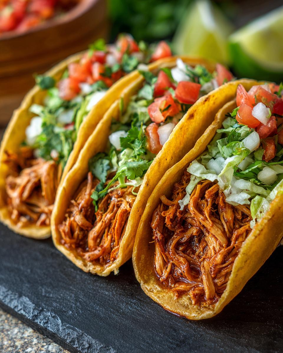 Three delicious slow cooker chicken tacos filled with shredded chicken, lettuce, tomatoes, and cilantro, served on a slate plate.