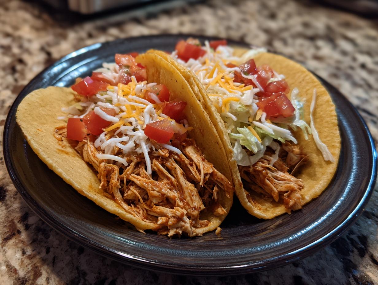 Two delicious slow cooker chicken tacos filled with shredded chicken, lettuce, cheese, and tomatoes.