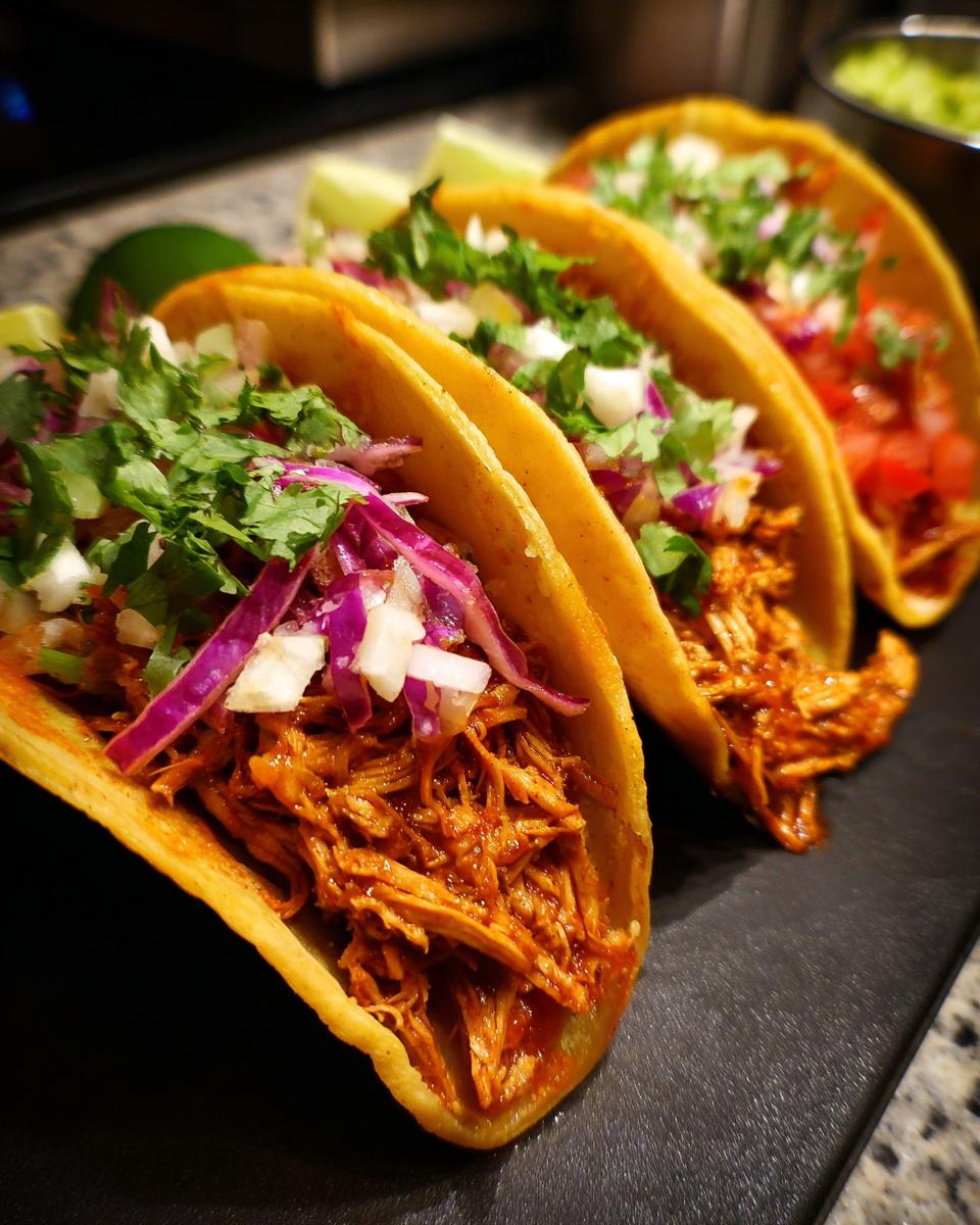Three delicious slow cooker chicken tacos filled with shredded chicken, red cabbage, onions, and cilantro, served with lime wedges.