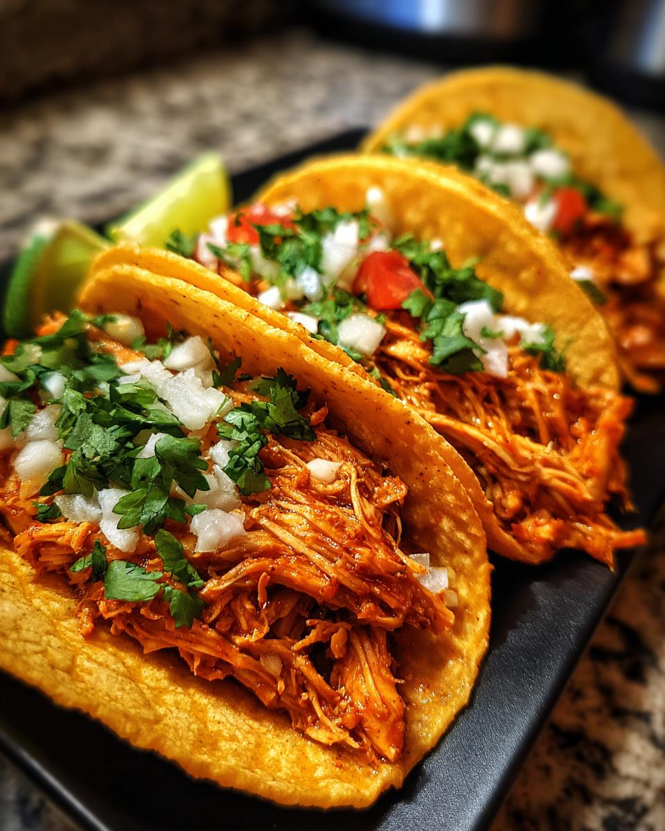 Three delicious slow cooker chicken tacos filled with shredded chicken, topped with fresh onions, cilantro, and tomatoes, served with lime wedges.
