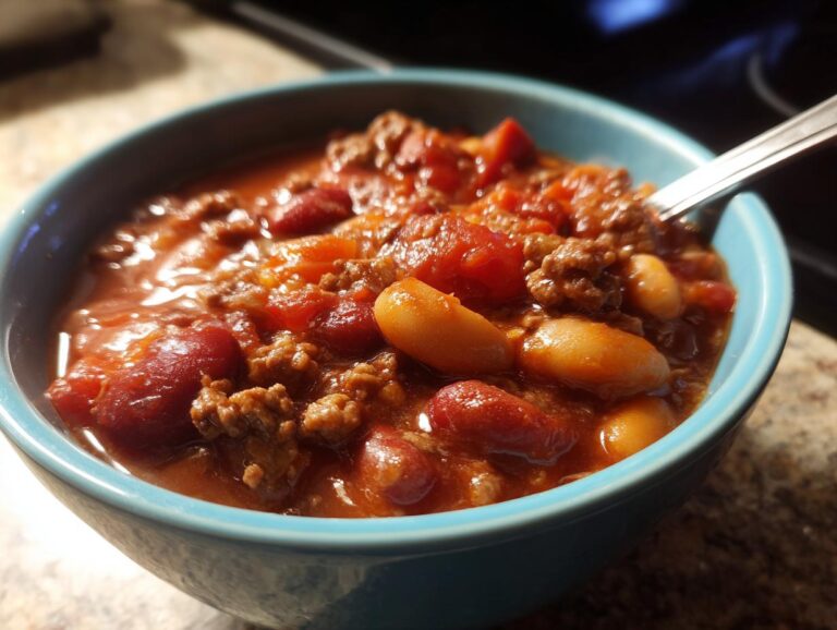 A close-up of a blue bowl filled with hearty slow cooker chili, featuring ground beef, kidney beans, and white beans.
