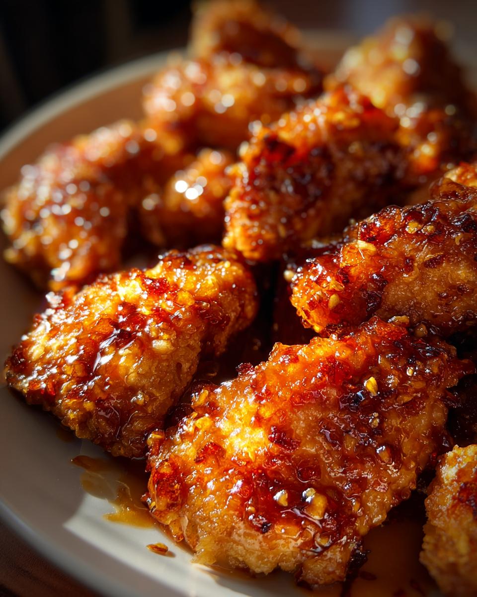 Close-up of crispy, glazed slow cooker orange chicken bites on a white plate.
