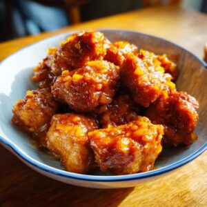 Close-up of glistening slow cooker orange chicken pieces in a bowl, coated in a rich orange sauce.