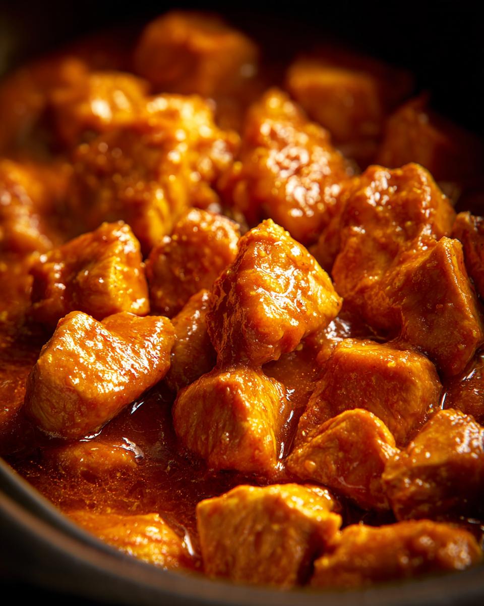 Close-up of tender chicken pieces coated in a glossy orange sauce in a slow cooker, showcasing the slow cooker orange chicken.