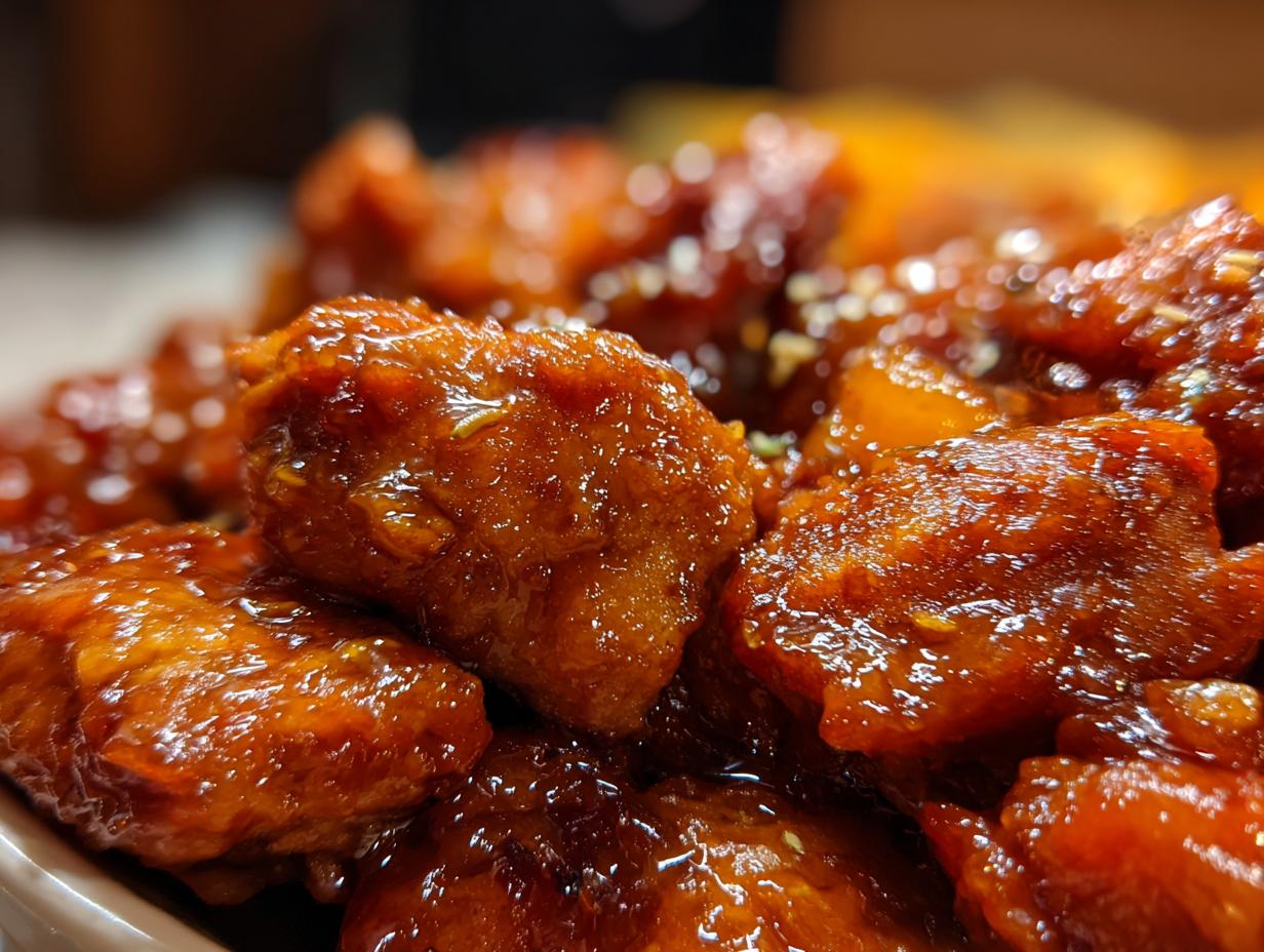 Close-up of glistening, saucy slow cooker orange chicken pieces, sprinkled with sesame seeds.