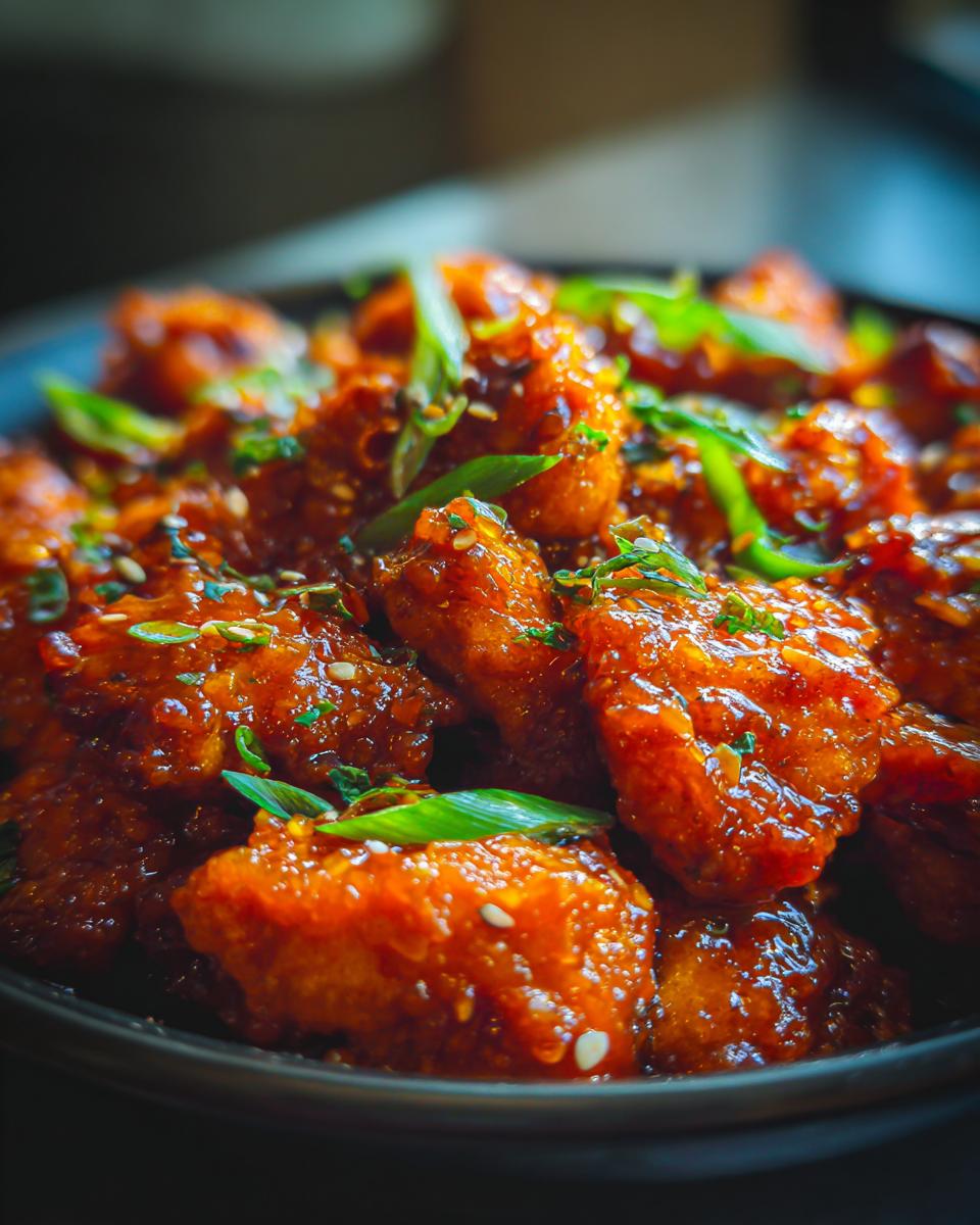 Close-up of glistening Slow Cooker Orange Chicken pieces coated in sauce, garnished with fresh green scallions and sesame seeds.