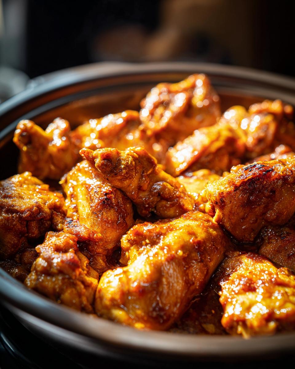 Close-up of glistening slow cooker orange chicken wings in a brown ceramic dish.