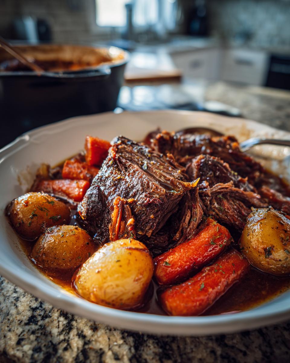 A close-up of a white bowl filled with fork-tender slow cooker pot roast, baby carrots, and small potatoes in a rich gravy.
