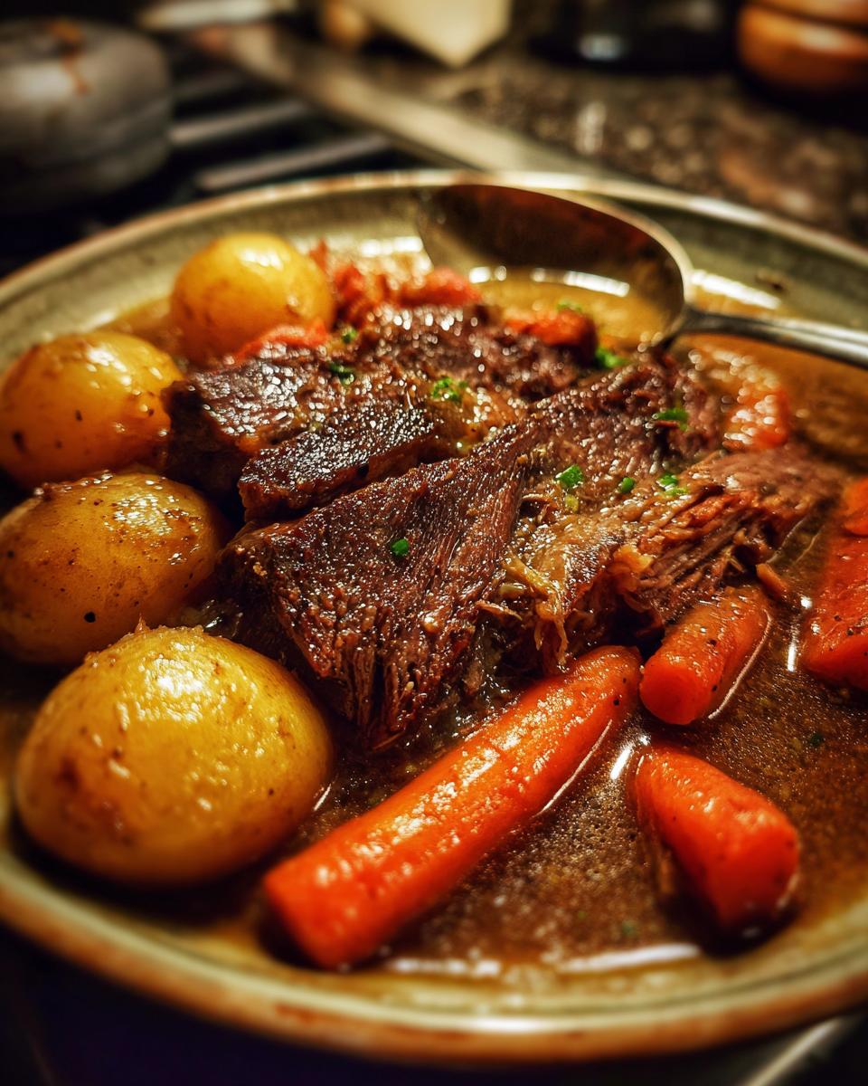 A close-up of fork-tender slow cooker pot roast served with baby potatoes and carrots in a rich gravy.