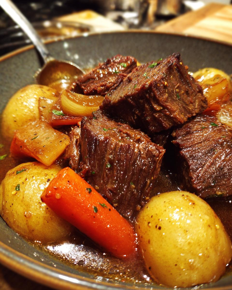 Close-up of fork-tender slow cooker pot roast with tender carrots and potatoes in a rich gravy.