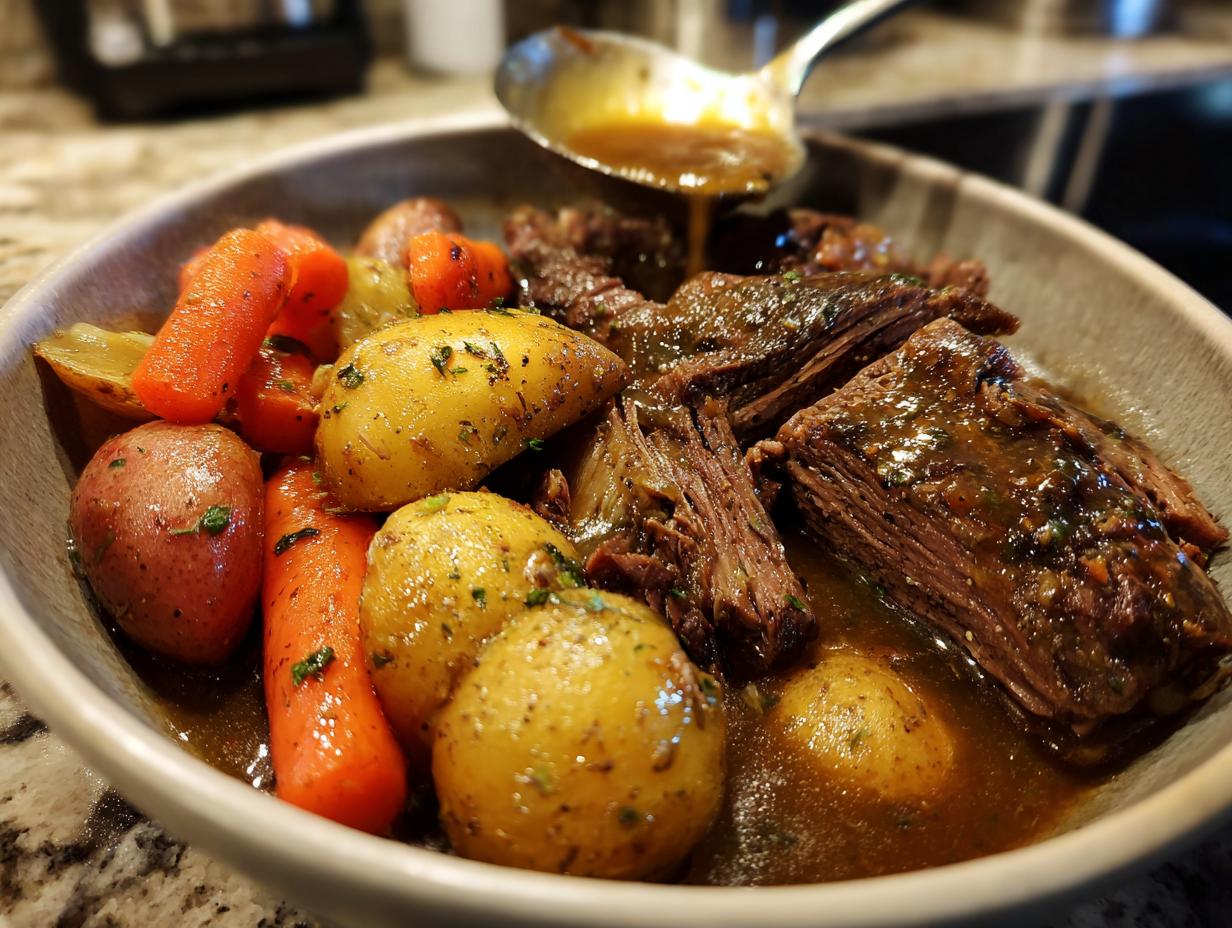 A close-up of a bowl filled with fork-tender slow cooker pot roast, carrots, and potatoes, with gravy being spooned over the top.