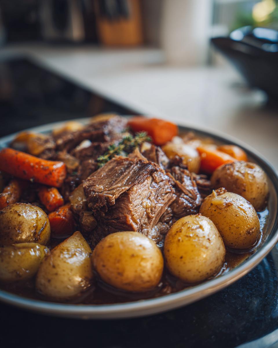 A close-up of a fork-tender slow cooker pot roast served with baby potatoes and carrots in a rich gravy.