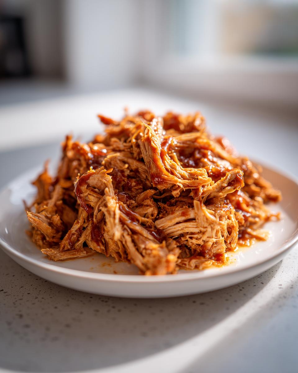 A close-up of a plate piled high with tender slow cooker pulled pork, coated in a rich barbecue sauce.