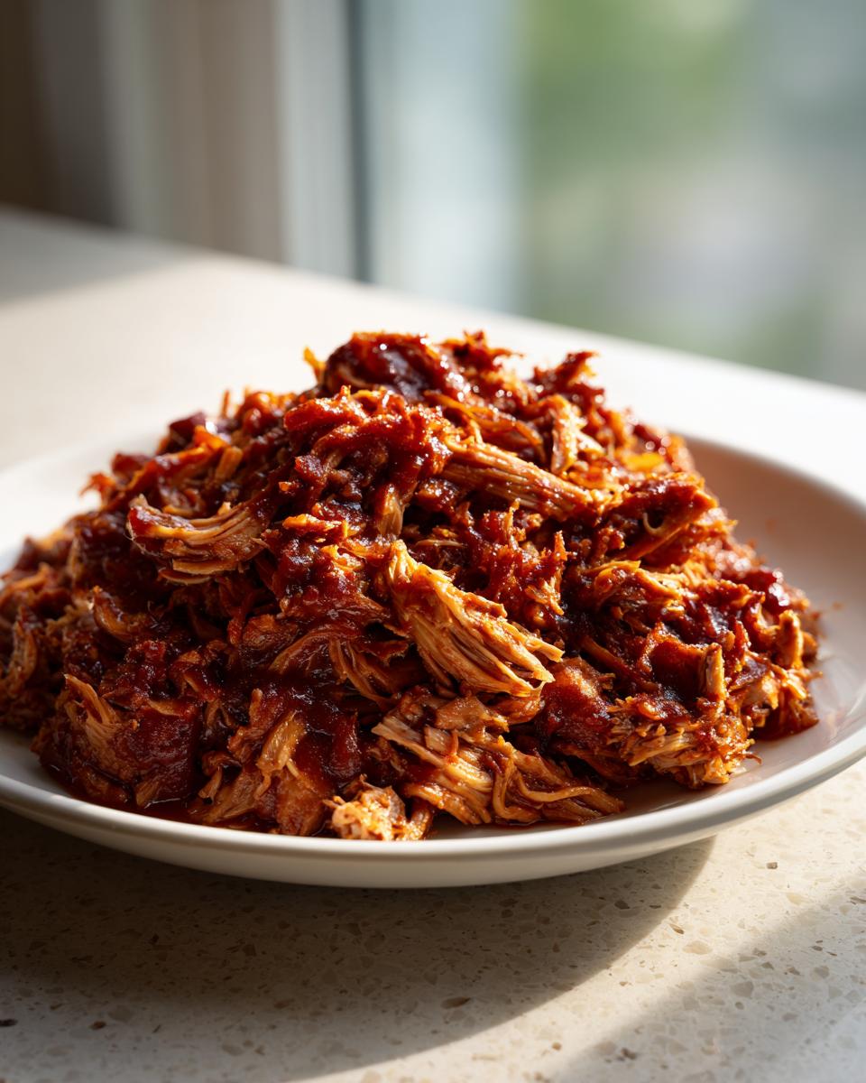 A close-up of tender slow cooker pulled pork coated in a rich, dark barbecue sauce on a white plate.