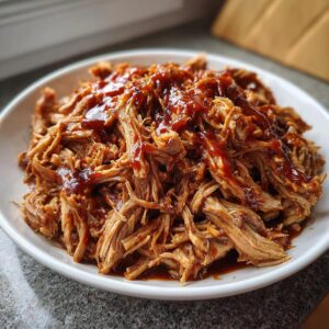 A close-up of tender slow cooker pulled pork generously coated in rich BBQ sauce on a white plate.