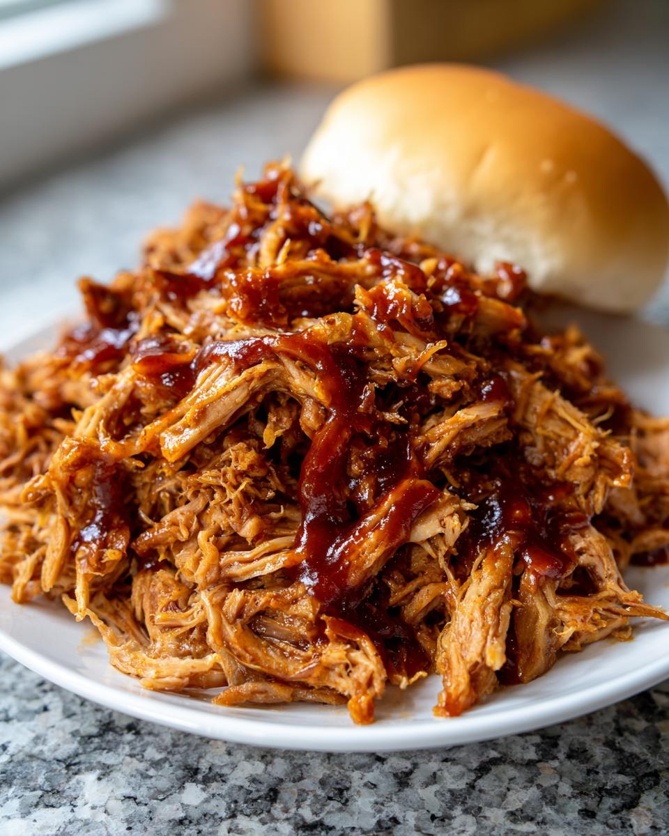 A close-up of a white plate piled high with tender slow cooker pulled pork, generously drizzled with barbecue sauce, with a bun in the background.