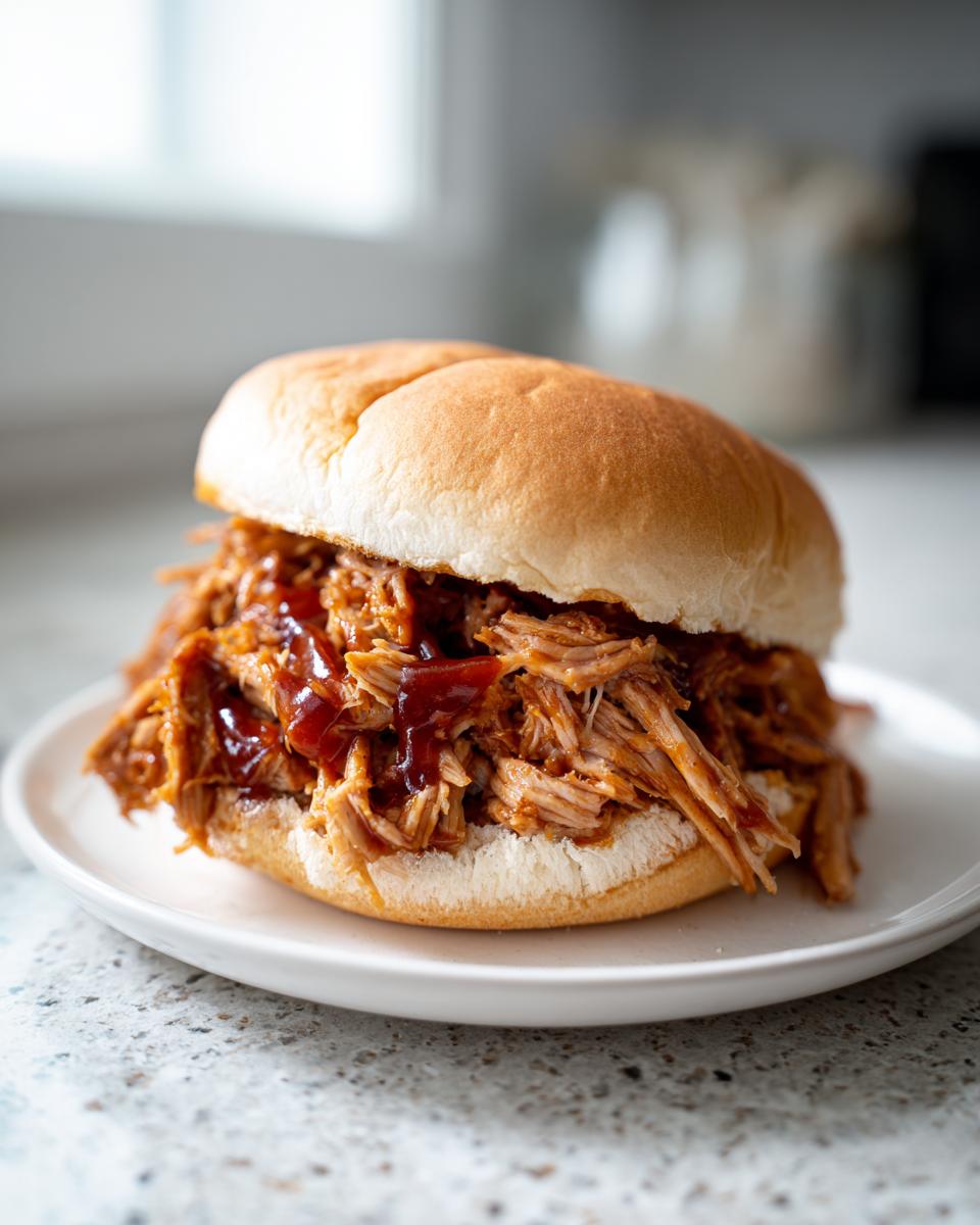 A delicious slow cooker pulled pork sandwich on a bun, drizzled with barbecue sauce.