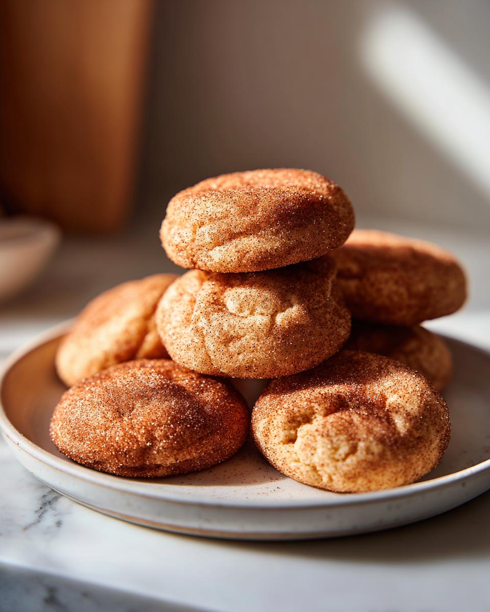 A stack of freshly baked Snickerdoodle cookies, coated in cinnamon sugar, on a white plate.