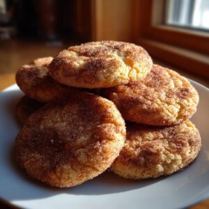 A close-up of a stack of freshly baked Snickerdoodle cookies, coated in cinnamon sugar.