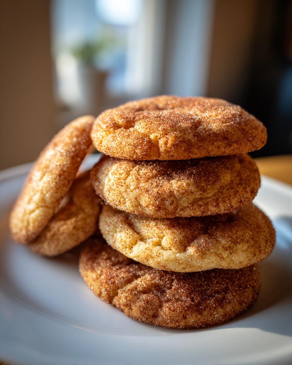 A close-up of a stack of freshly baked Snickerdoodle cookies covered in cinnamon sugar.