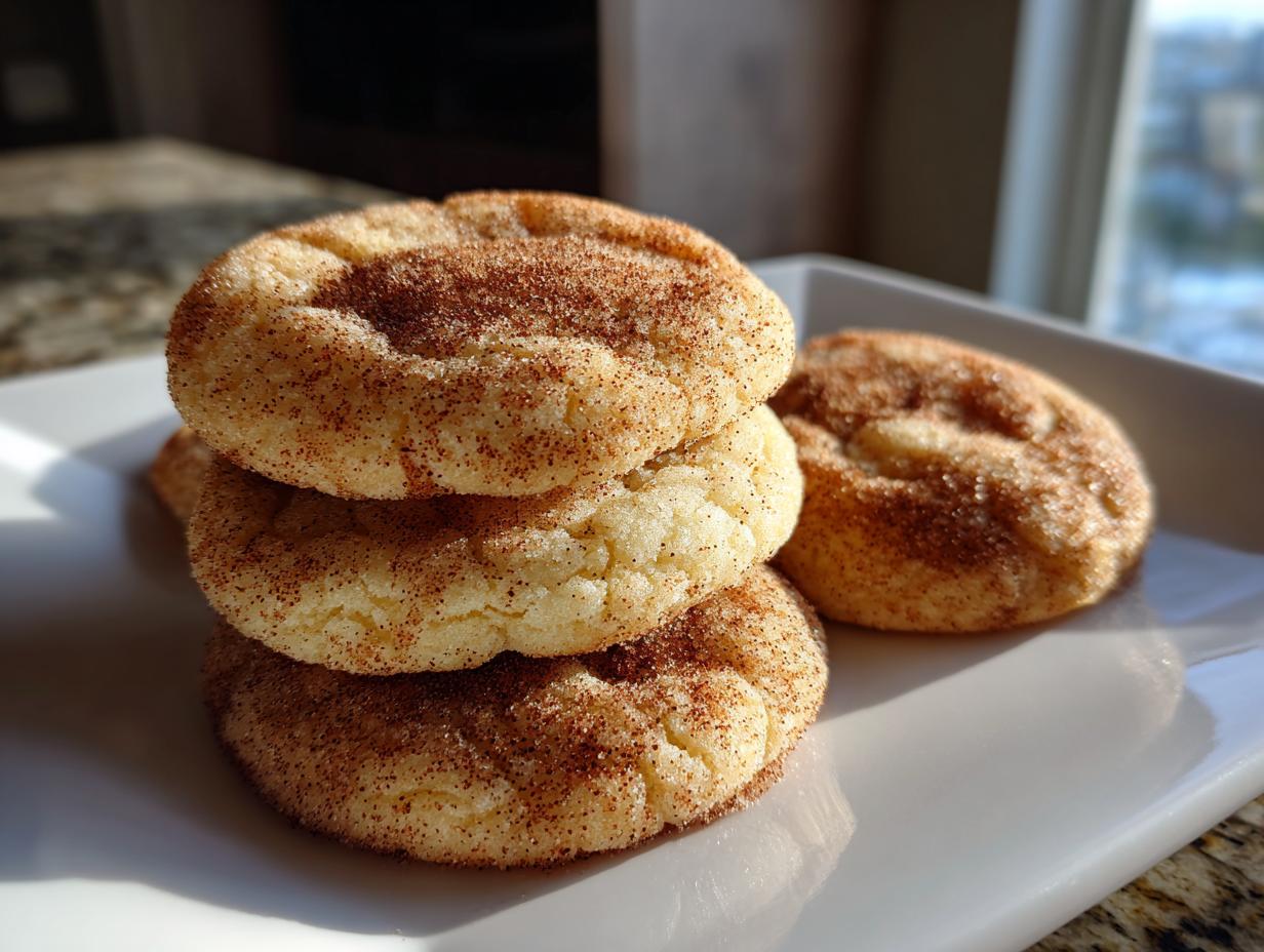 A stack of three freshly baked Snickerdoodle cookies, coated in cinnamon sugar, with another cookie to the side.