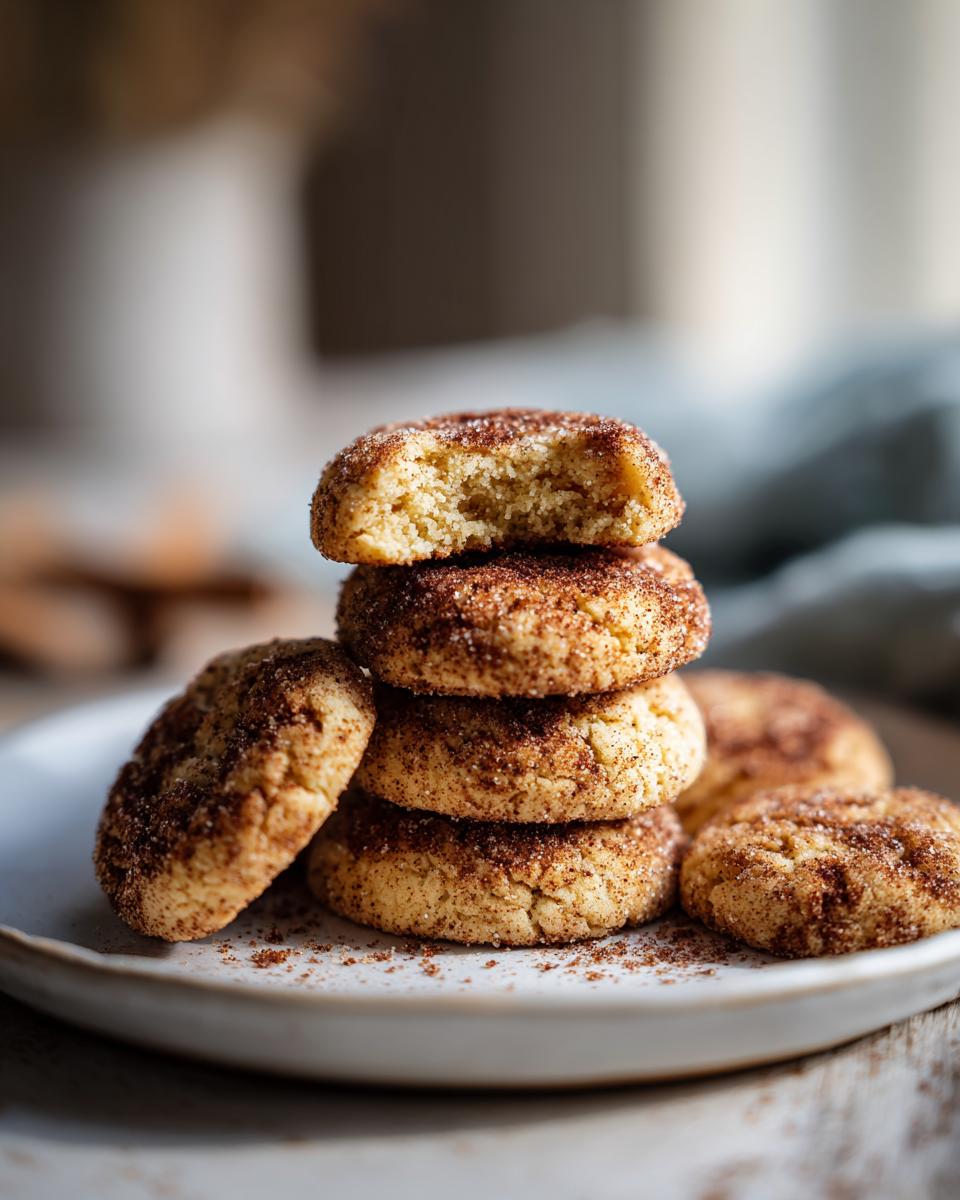 A stack of freshly baked Snickerdoodle cookies, with one cookie on top having a bite taken out of it.