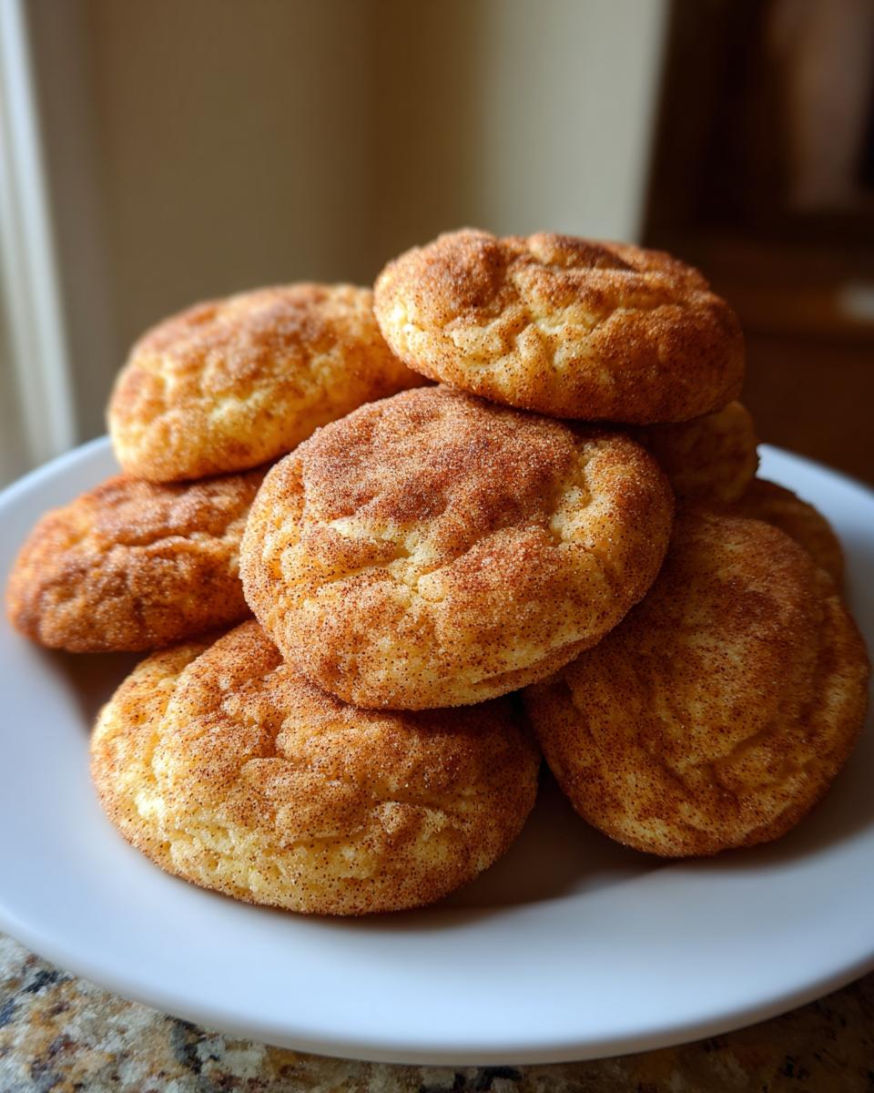 A close-up view of a pile of soft, golden-brown Snickerdoodle cookies, generously coated in cinnamon sugar.