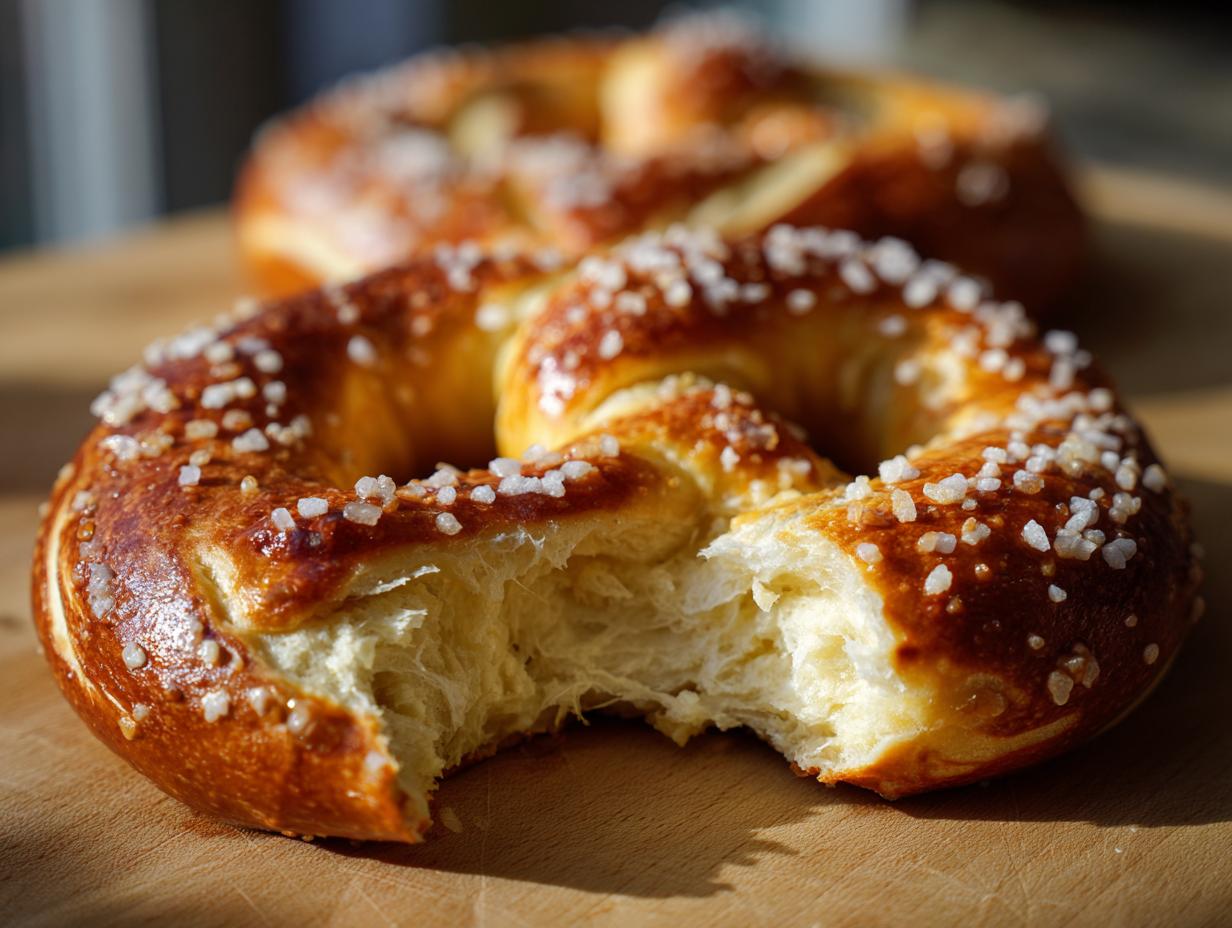 A close-up of a soft pretzel with a bite taken out, sprinkled with coarse salt.