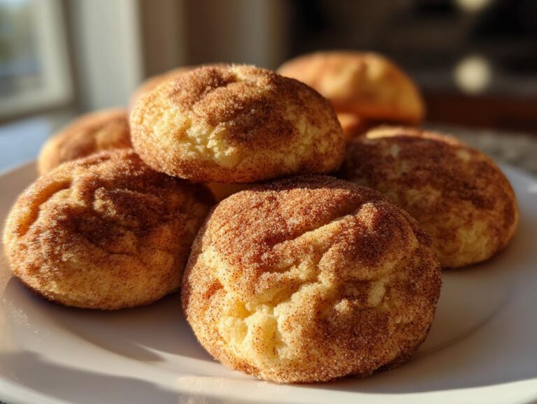 A close-up of several soft snickerdoodle cookies piled on a white plate, coated in cinnamon sugar.