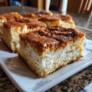 Close-up of a slice of Sopapilla Cheesecake Bars with a creamy filling and cinnamon-sugar topping.
