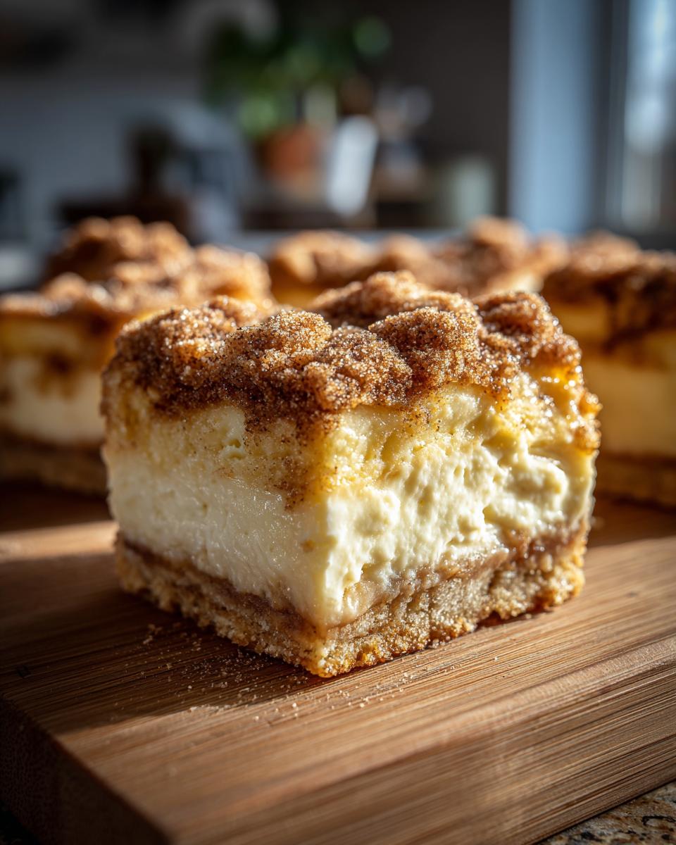 A close-up view of a delicious Sopapilla cheesecake bar with a creamy filling and a cinnamon-sugar topping.