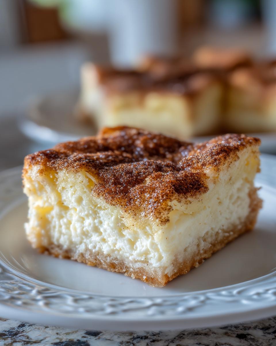 A close-up view of a delicious sopapilla cheesecake bar on a white plate, topped with cinnamon sugar.