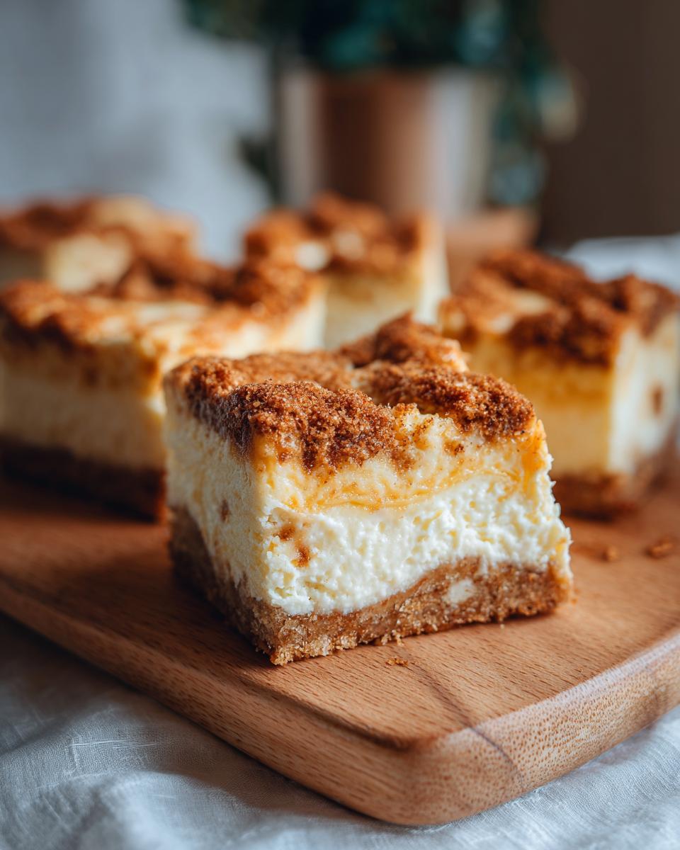 Close-up of a slice of Sopapilla cheesecake bars with a graham cracker crust and cinnamon topping.
