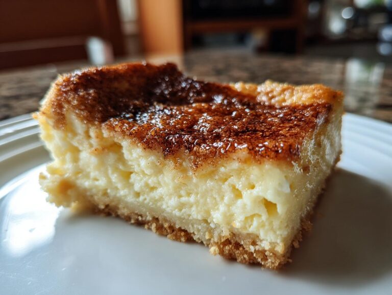 A close-up of a slice of Sopapilla Cheesecake Bars on a white plate, showcasing the creamy filling and cinnamon-sugar topping.