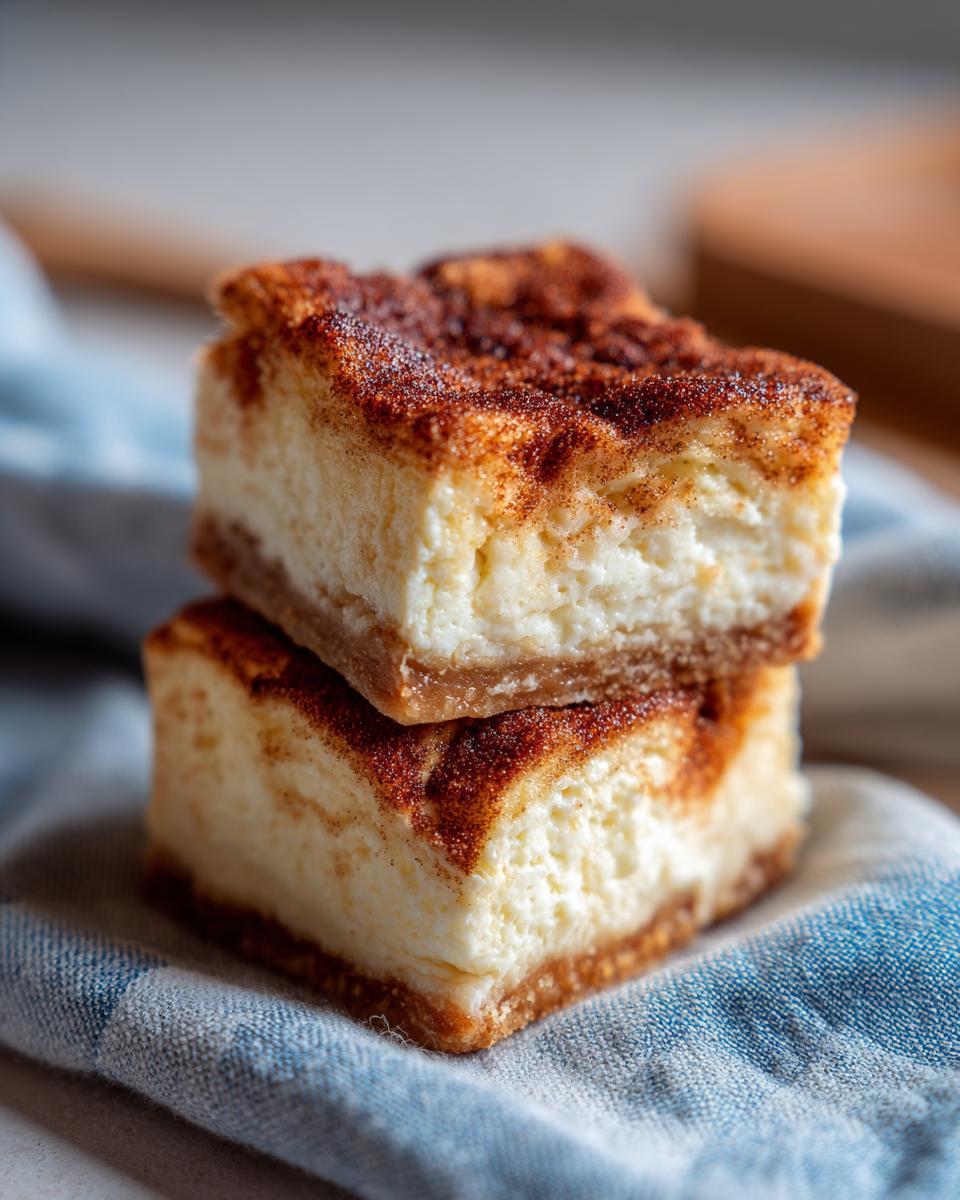 Two stacked Sopapilla Cheesecake Bars dusted with cinnamon sugar on a blue striped cloth.