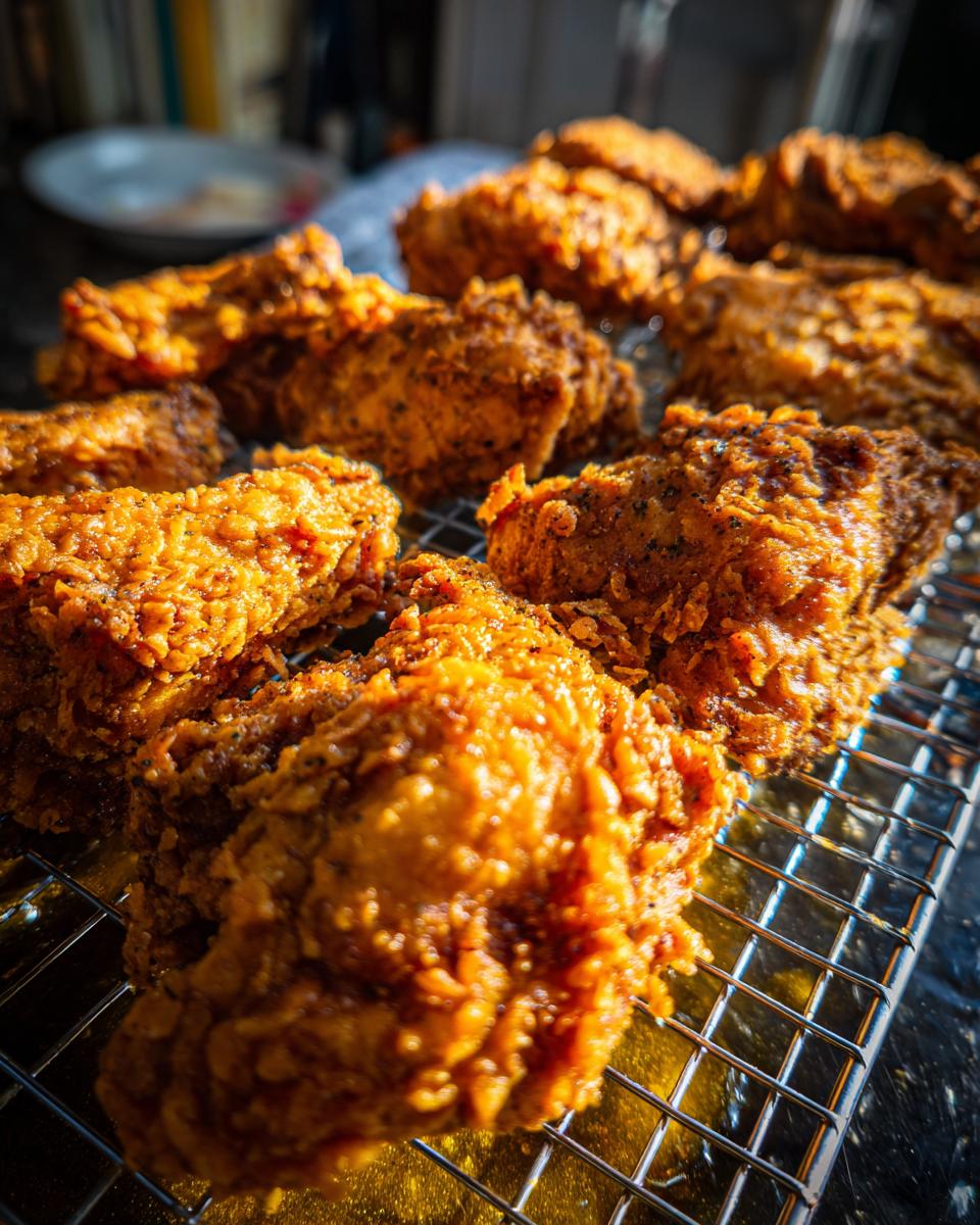 Close-up of golden-brown, crispy Southern fried chicken pieces cooling on a wire rack.