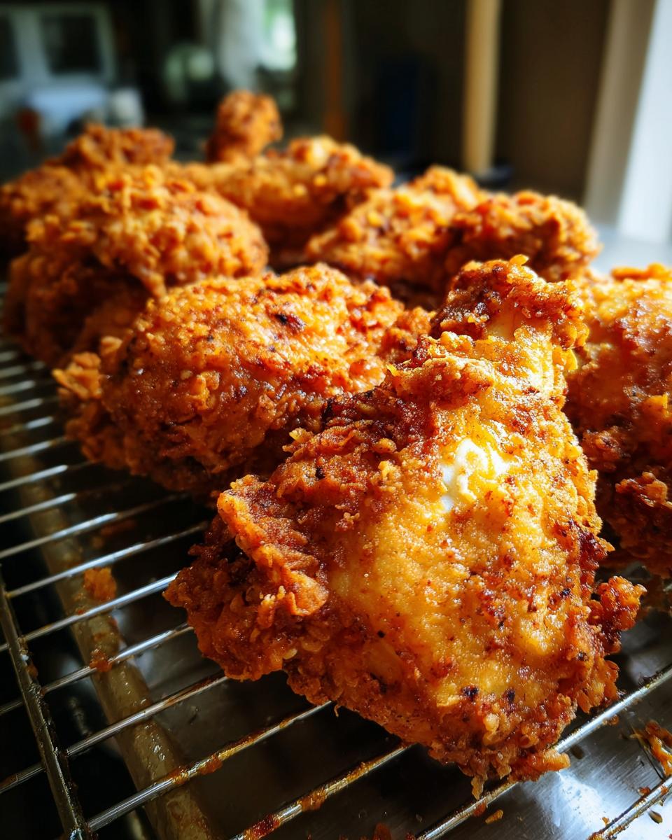 Close-up of golden brown, crispy Southern fried chicken pieces resting on a cooling rack.
