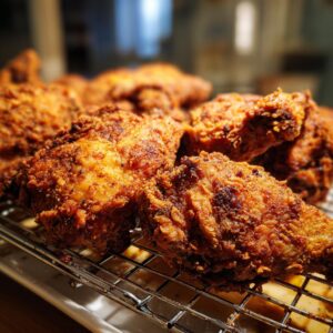 Close-up of golden-brown, crispy Southern fried chicken pieces on a wire rack.