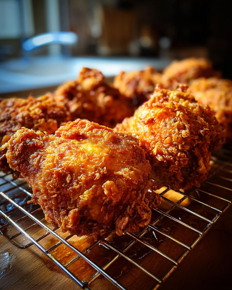 Close-up of golden-brown, crispy Southern fried chicken pieces resting on a wire rack.
