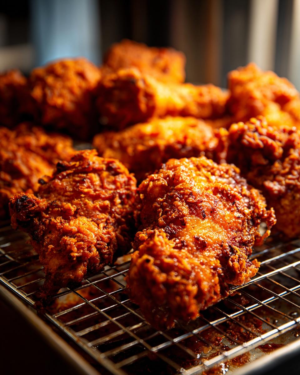 Close-up of golden-brown, crispy Southern fried chicken pieces resting on a wire rack.