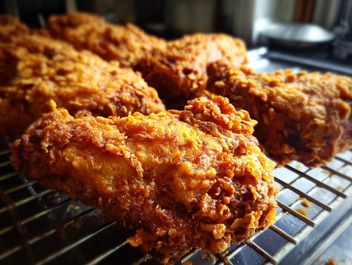 Close-up of perfectly golden-brown Southern fried chicken pieces resting on a wire rack.